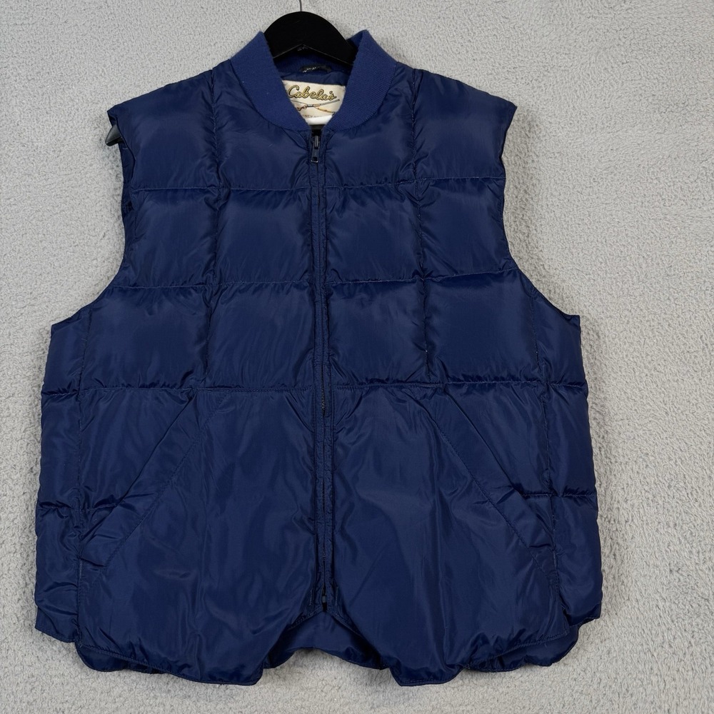 Vtg Cabelas Vest Mens Large Blue Goose Down Puffer Quilted Zip Up Sidney 70s 80s